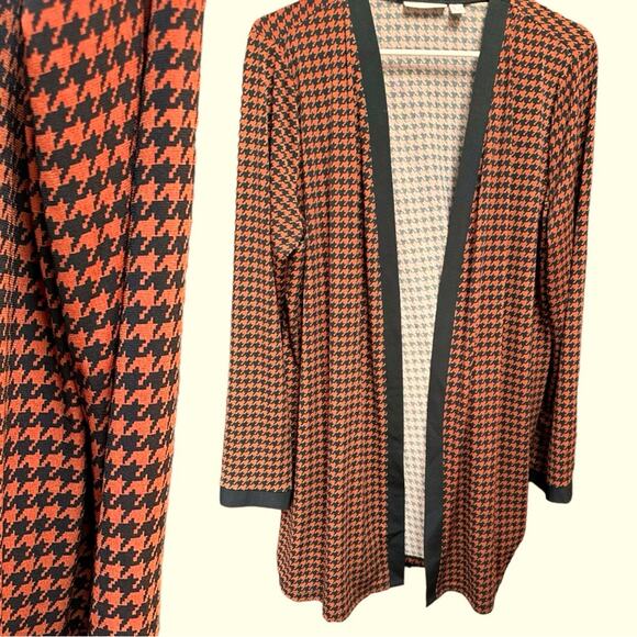 Susan Graver Liquid Knit Orange Black Houndstooth Cardigan Long Stretch Sz Large - Picture 4 of 4